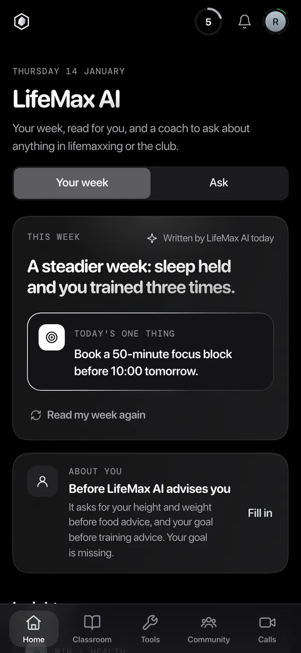 LifeMax AI: this week’s summary, a steadier week where sleep held, and today’s one thing, a 50-minute focus block before 10:00.