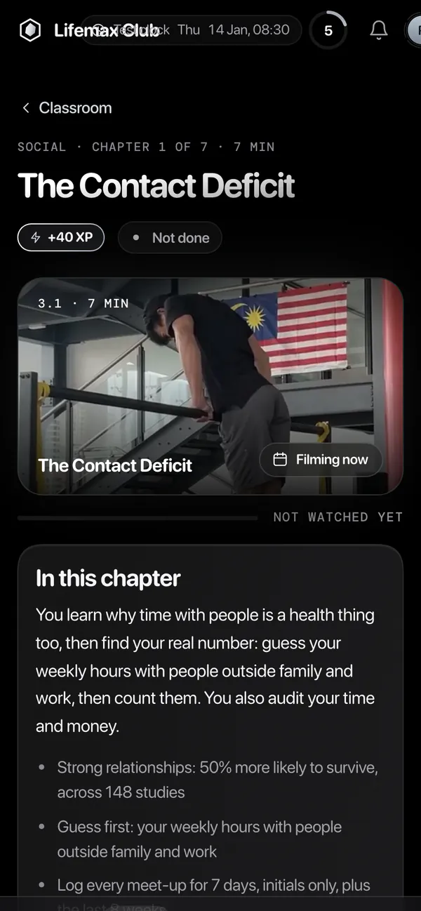 A chapter page: Social, chapter 1, The Contact Deficit. Seven minutes, 40 XP, the video and what the chapter covers.