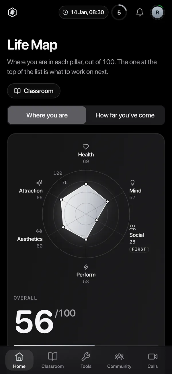 The Life Map, Where you are: a score out of 100 for each pillar, Social marked first at 28, and 56 out of 100 overall.