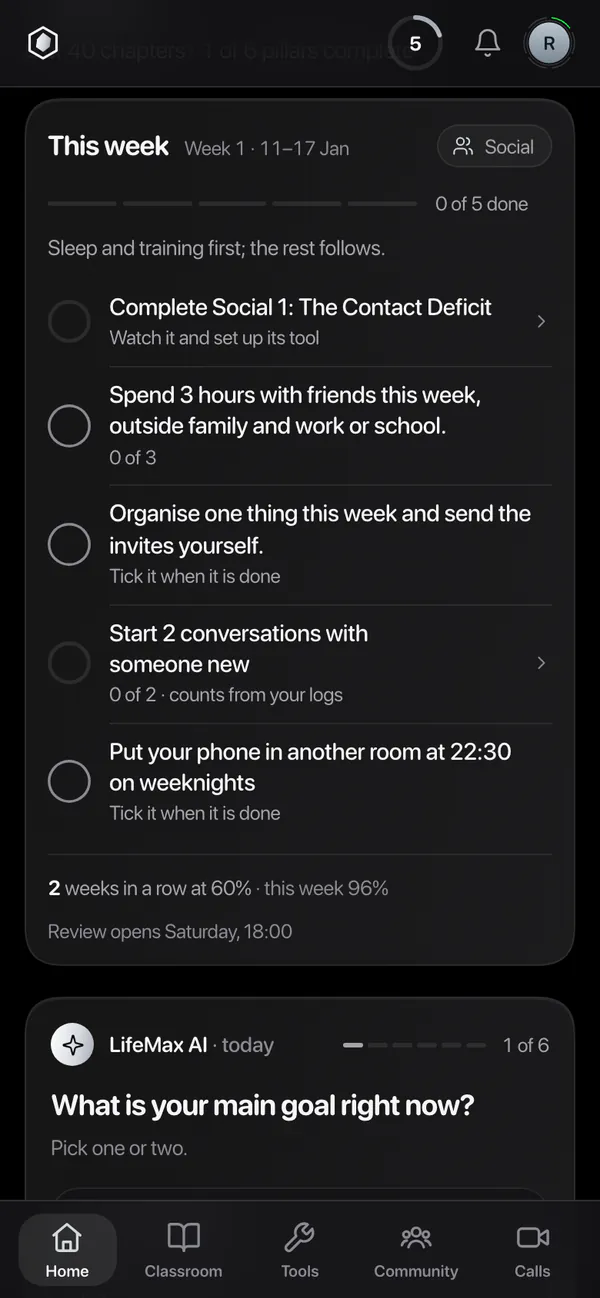 This week, on Home: five things for week 1 with Social as the focus, such as completing Social 1 and spending three hours with friends, then the three score rings.