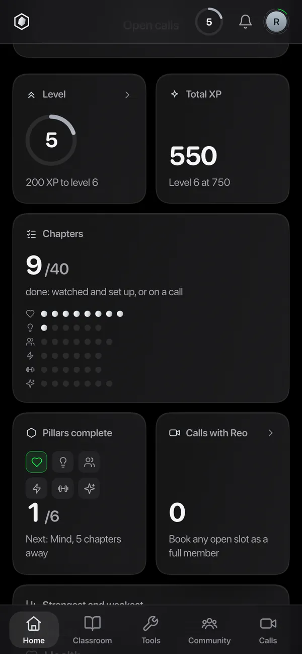 Level 5 on a ring, 550 XP in total, 9 of 40 chapters done and Health complete.